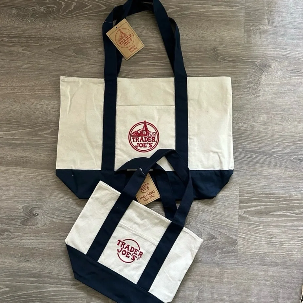 2 New Trader Joe’s Canvas Blue Tote Bags - Picture 2 of 6